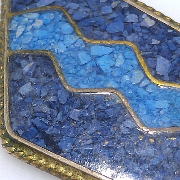 Vintage Alpaca Mexico Inlay Earrings Blue Turquoise Silver Diamond Shape Dangle - Picture 2 of 9